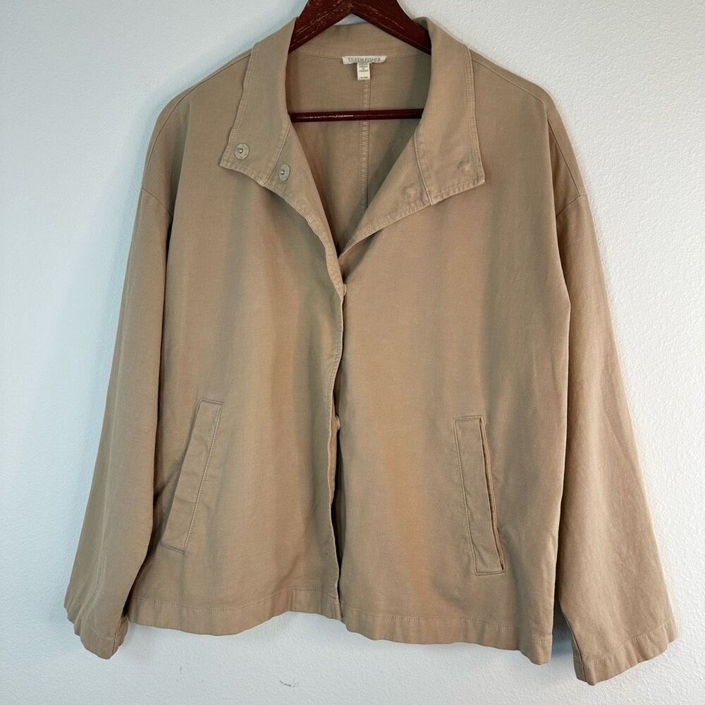 Eileen Fisher Organic Cotton / Hemp Khaki Tan Jacket Button Snap Front Pockets